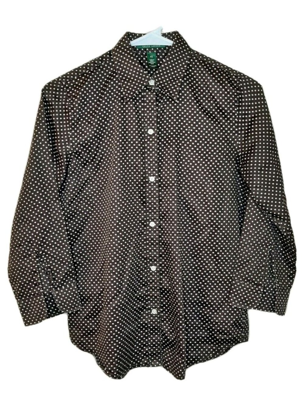 Ralph Lauren Shirt Brown Women Size XS Polka Dot 3/4 Slit Sleeve Button Up
